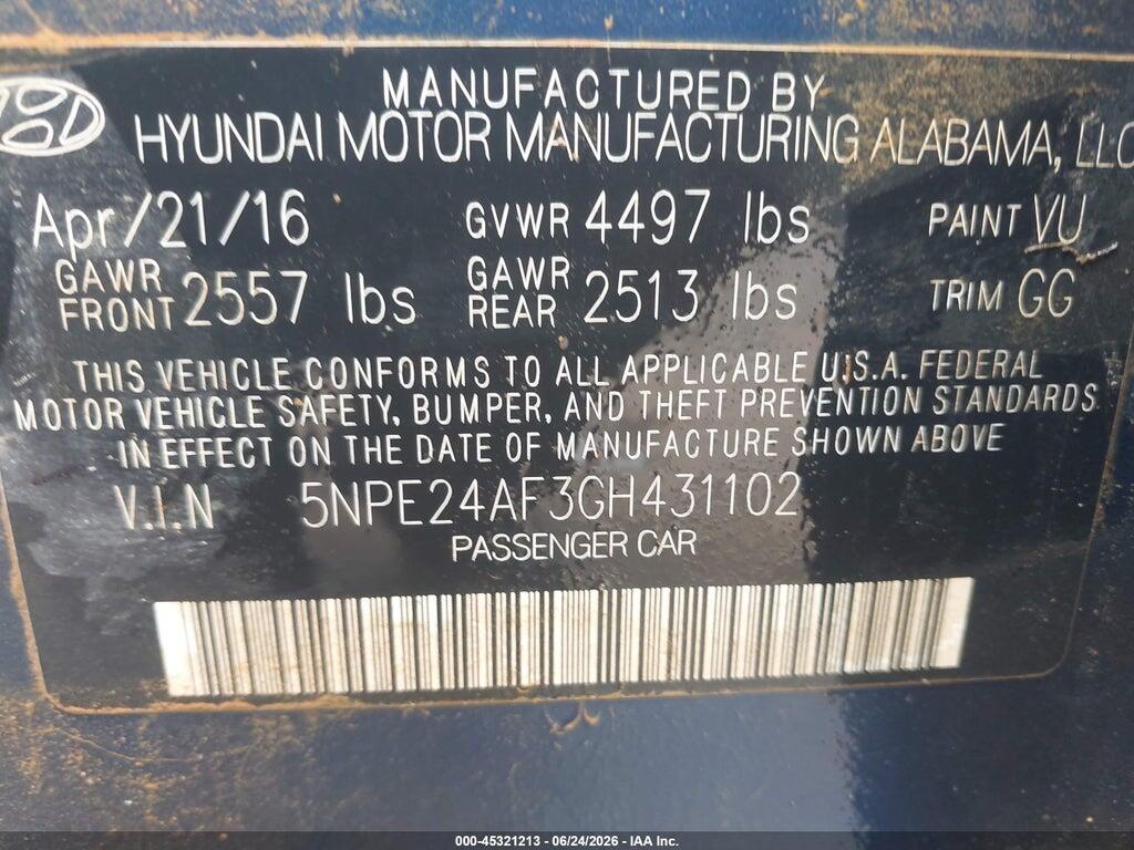 5NPE24AF3GH431102 2016 HYUNDAI SONATA photo no. 9