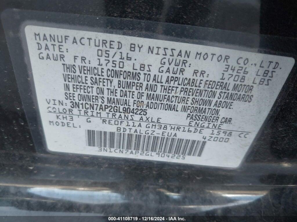 3N1CN7AP2GL904225 2016 NISSAN VERSA photo no. 9