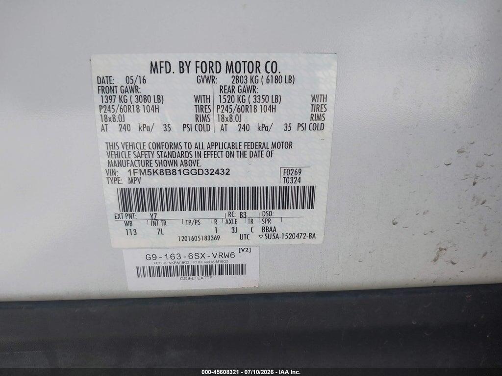 1FM5K8B81GGD32432 2016 FORD EXPLORER photo no. 9
