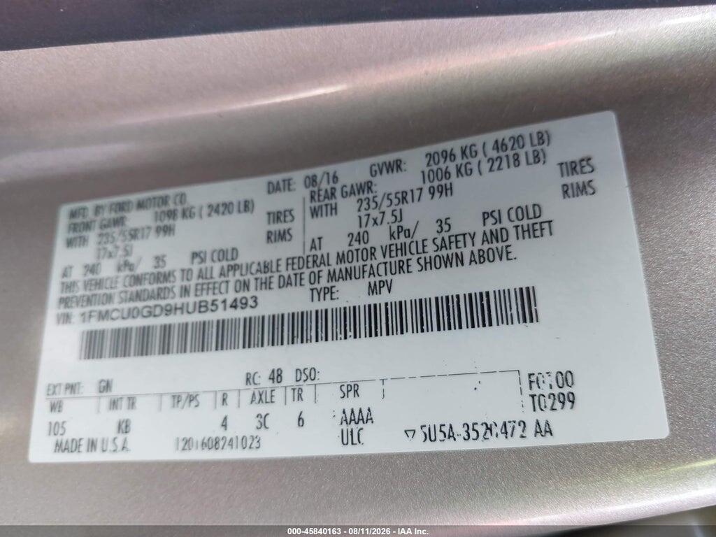 1FMCU0GD9HUB51493 2017 FORD ESCAPE photo no. 9