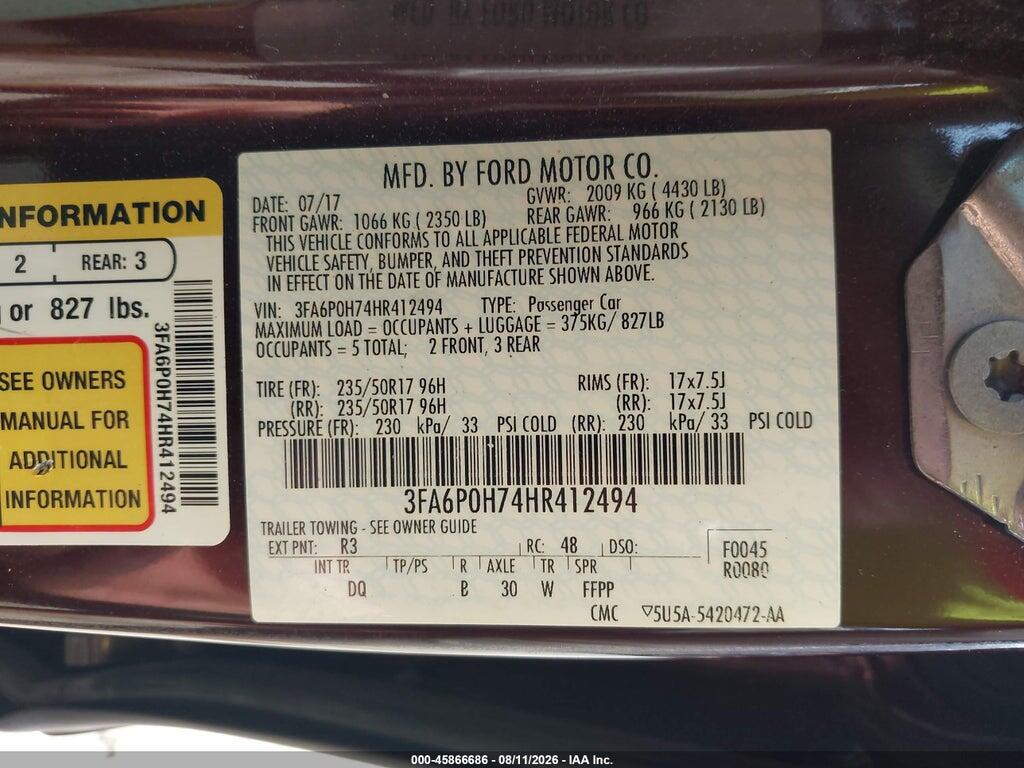 3FA6P0H74HR412494 2017 FORD FUSION photo no. 9