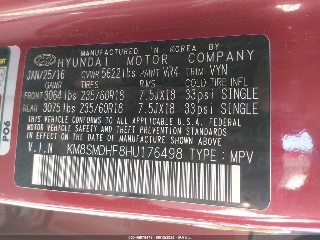 KM8SMDHF8HU176498 2017 HYUNDAI SANTA FE photo no. 9
