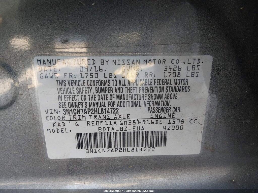 3N1CN7AP2HL814722 2017 NISSAN VERSA photo no. 9