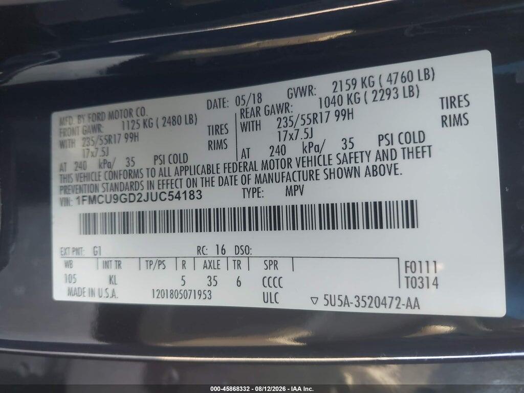 1FMCU9GD2JUC54183 2018 FORD ESCAPE photo no. 9