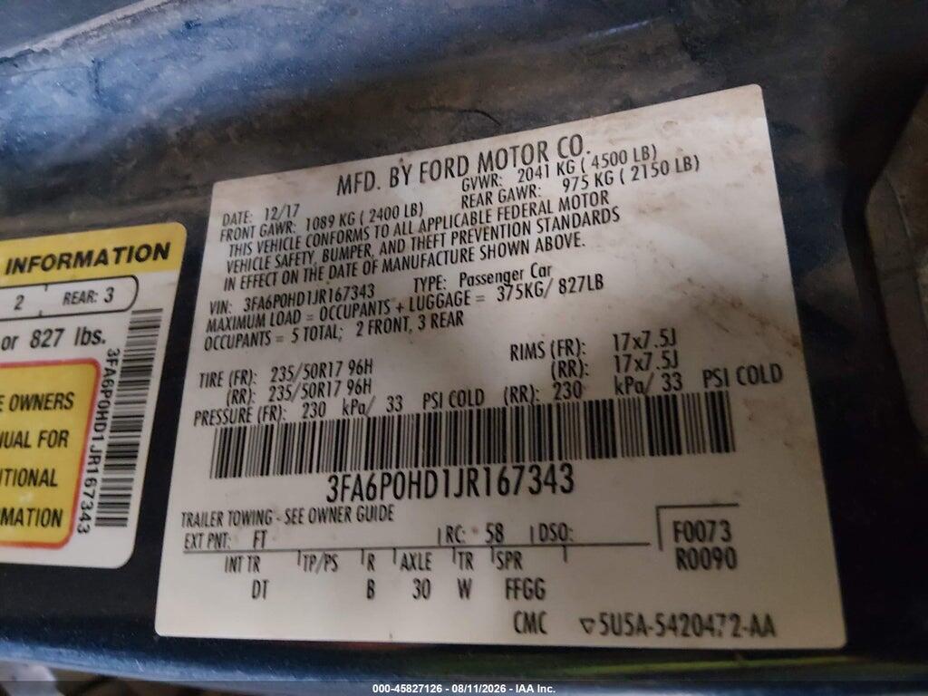 3FA6P0HD1JR167343 2018 FORD FUSION photo no. 9