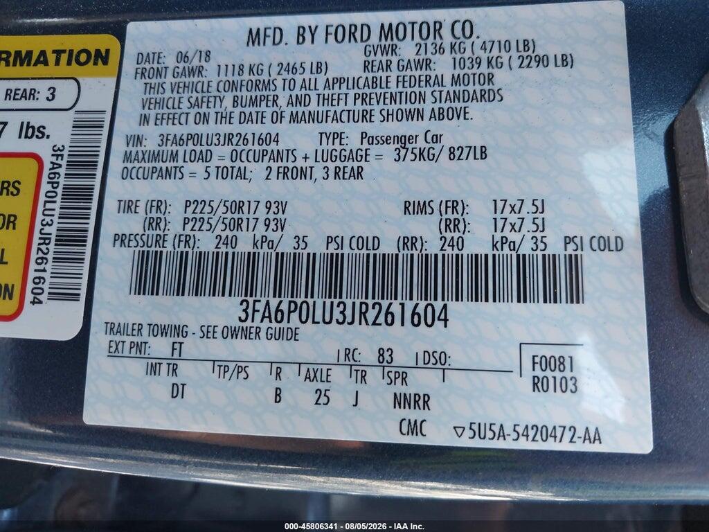 3FA6P0LU3JR261604 2018 FORD FUSION HYBRID photo no. 9