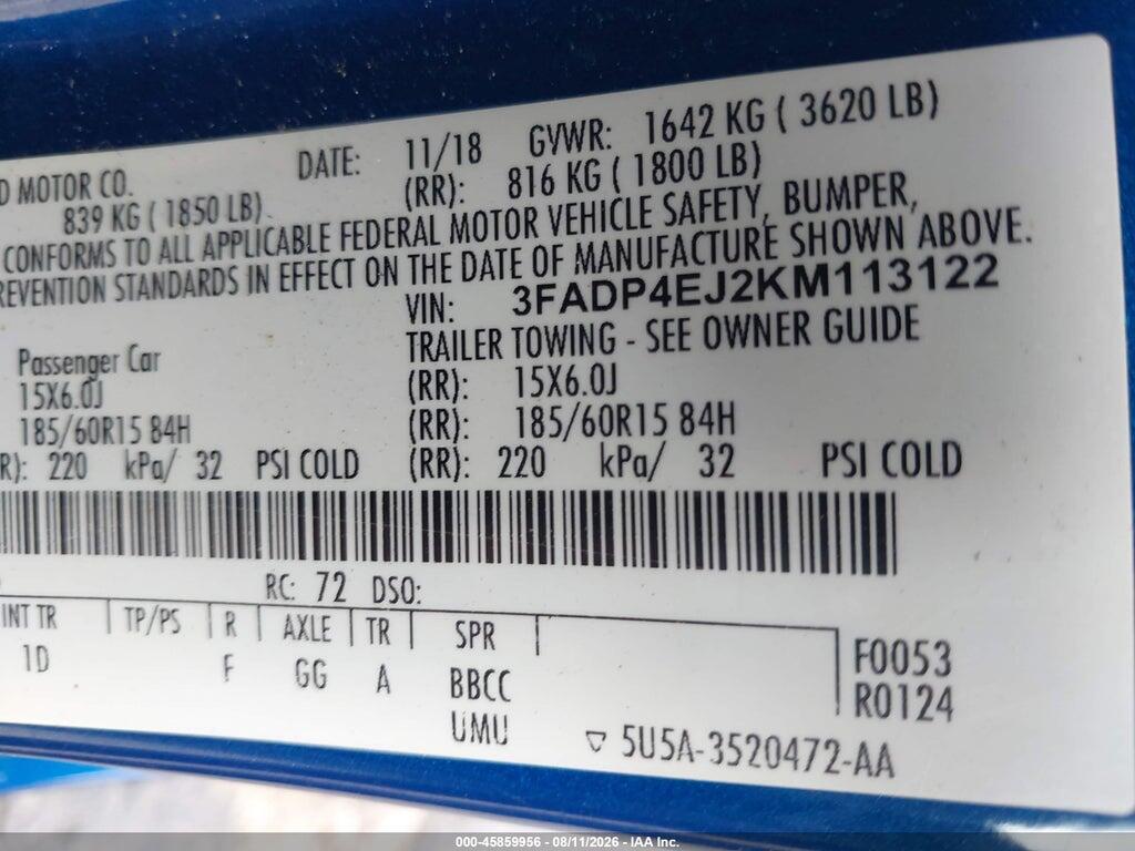 3FADP4EJ2KM113122 2019 FORD FIESTA photo no. 9