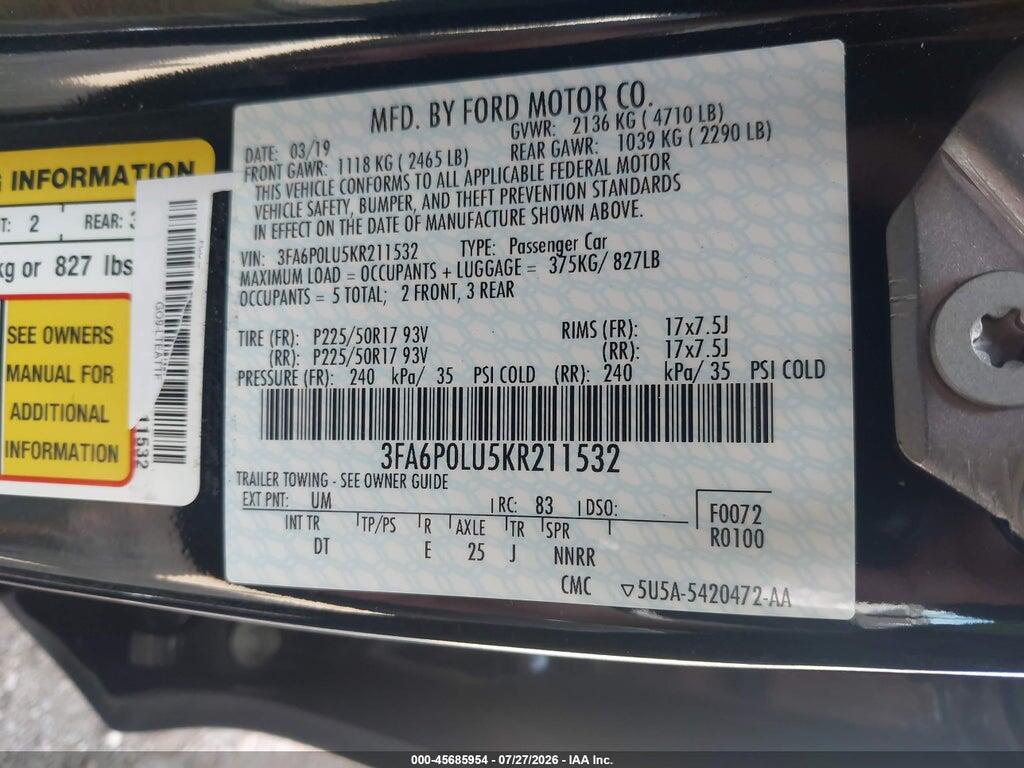 3FA6P0LU5KR211532 2019 FORD FUSION HYBRID photo no. 9