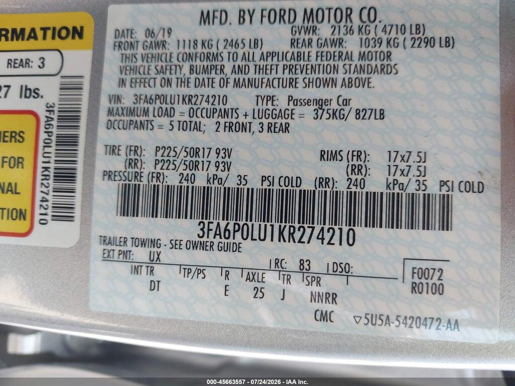3FA6P0LU1KR274210 2019 FORD FUSION HYBRID photo no. 9