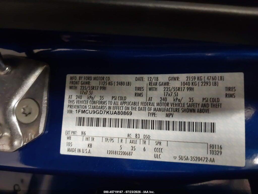 1FMCU9GD7KUA80869 2019 FORD ESCAPE photo no. 9