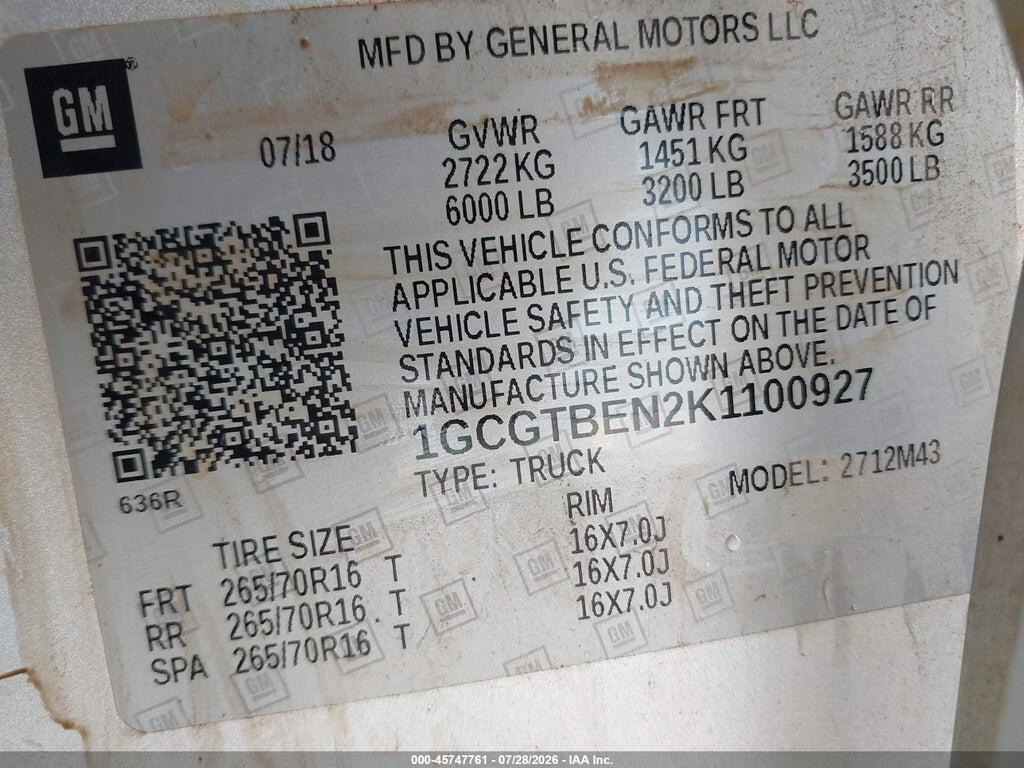 1GCGTBEN2K1100927 2019 CHEVROLET COLORADO photo no. 9