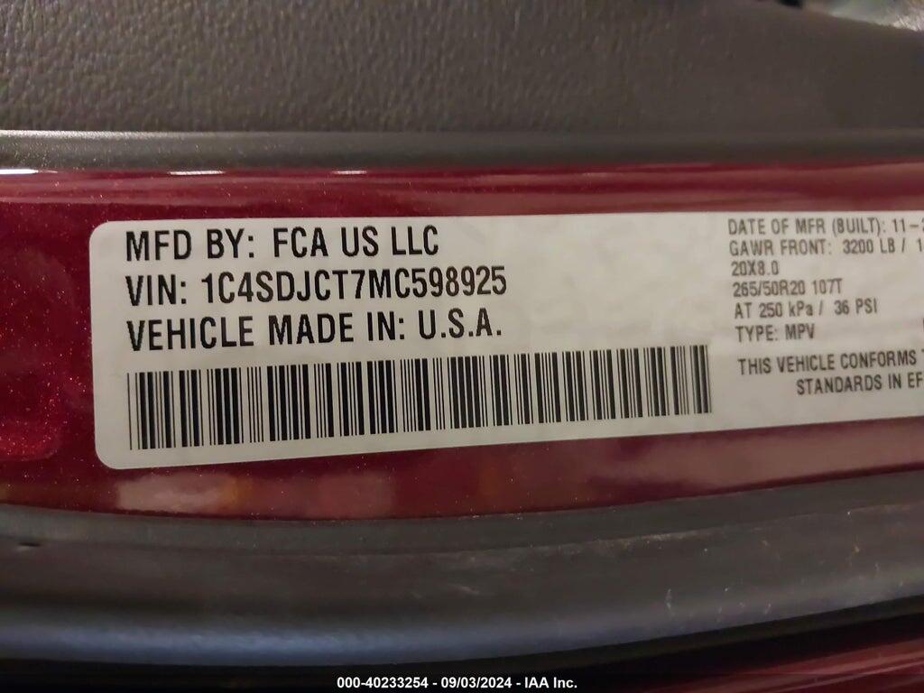 1C4SDJCT7MC598925 2021 DODGE DURANGO photo no. 9