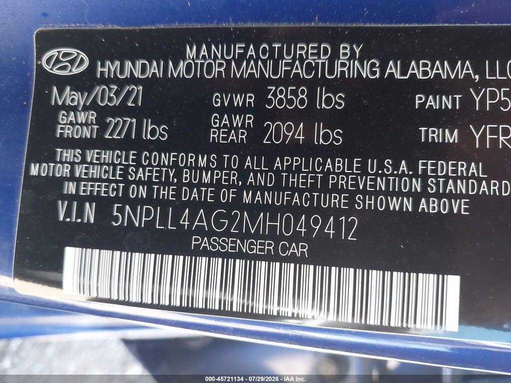 5NPLL4AG2MH049412 2021 HYUNDAI ELANTRA photo no. 9