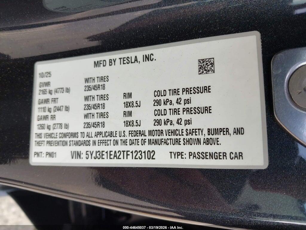 5YJ3E1EA2TF123102 2026 TESLA MODEL 3 photo no. 9
