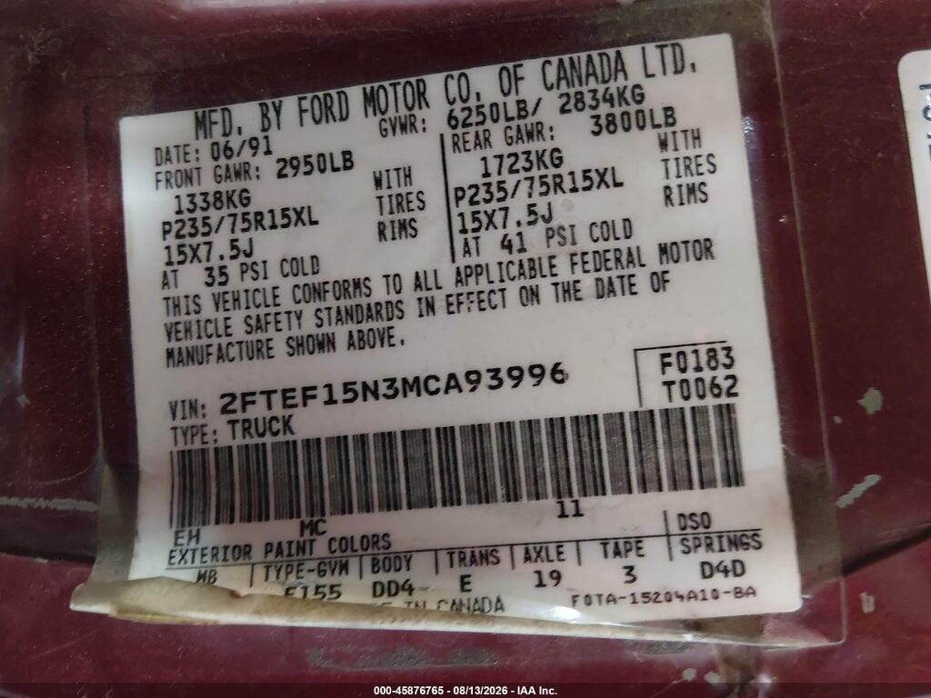 2FTEF15N3MCA93996 1991 FORD F150 photo no. 9