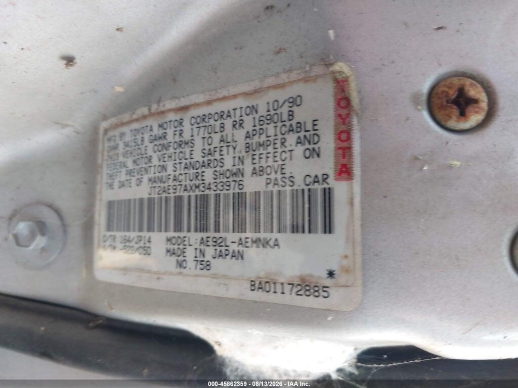 JT2AE97AXM3433976 1991 TOYOTA COROLLA photo no. 9