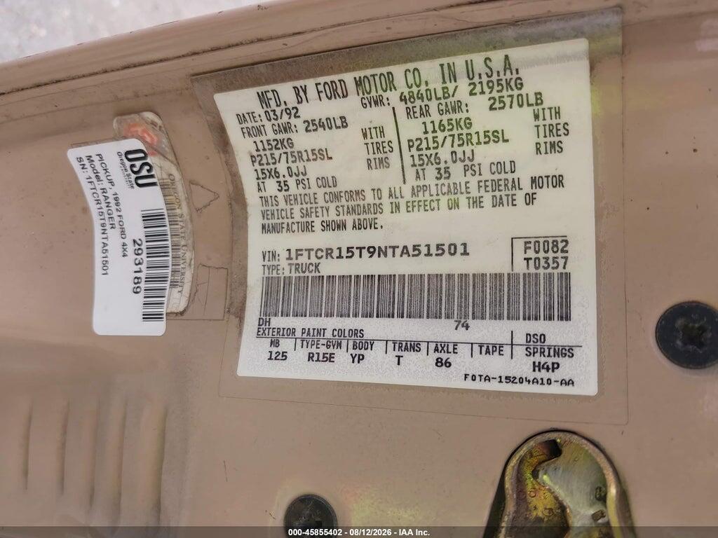 1FTCR15T9NTA51501 1992 FORD RANGER photo no. 9