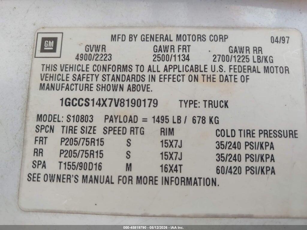 1GCCS14X7V8190179 1997 CHEVROLET S-10 photo no. 9