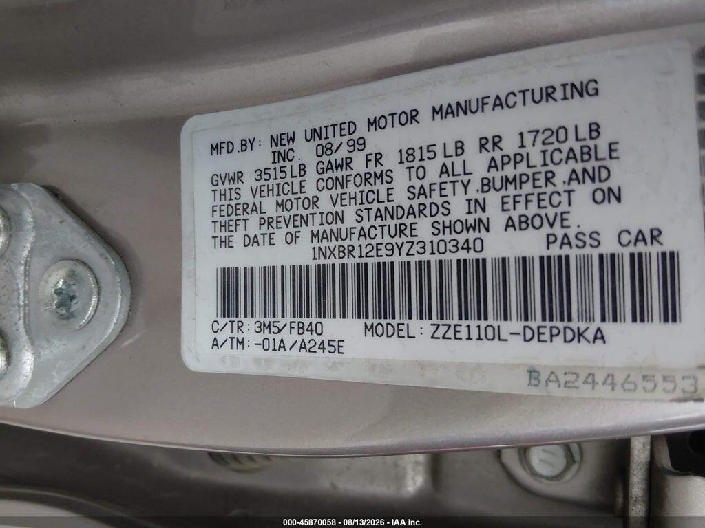 1NXBR12E9YZ310340 2000 TOYOTA COROLLA photo no. 9