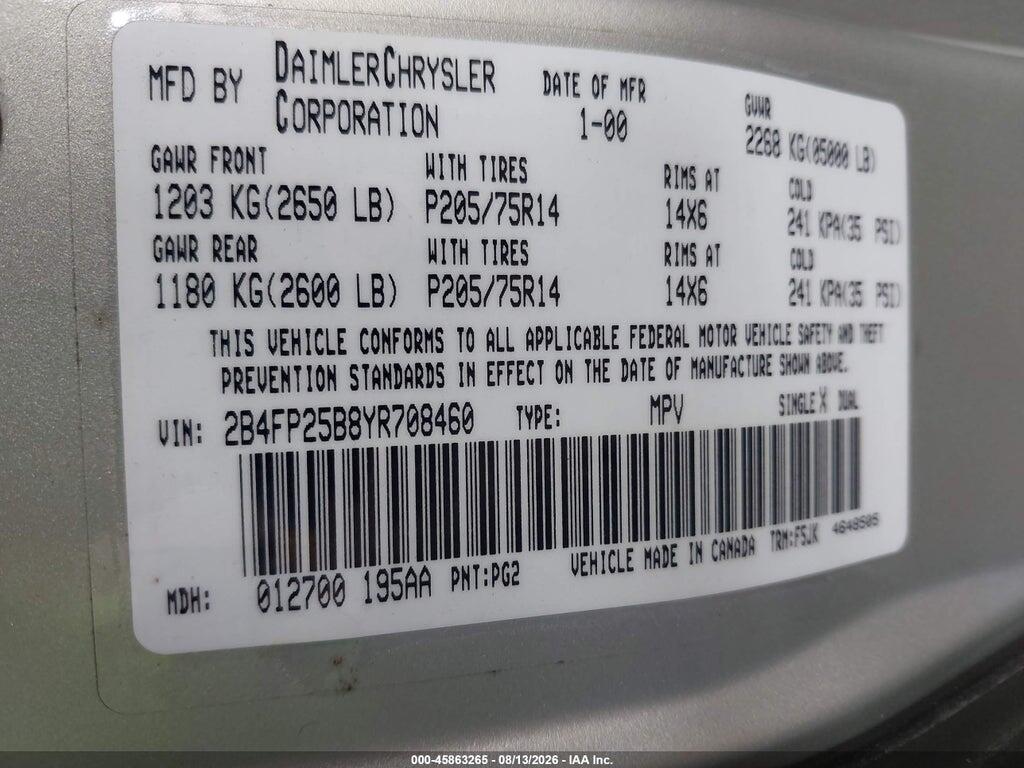 2B4FP25B8YR708460 2000 DODGE CARAVAN photo no. 9