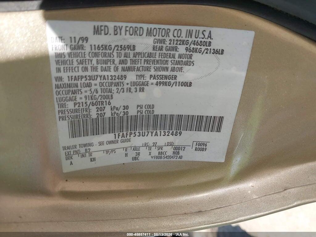1FAFP53U7YA132489 2000 FORD TAURUS photo no. 9