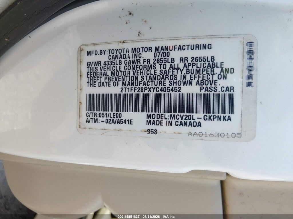 2T1FF28PXYC405452 2000 TOYOTA CAMRY SOLARA photo no. 9