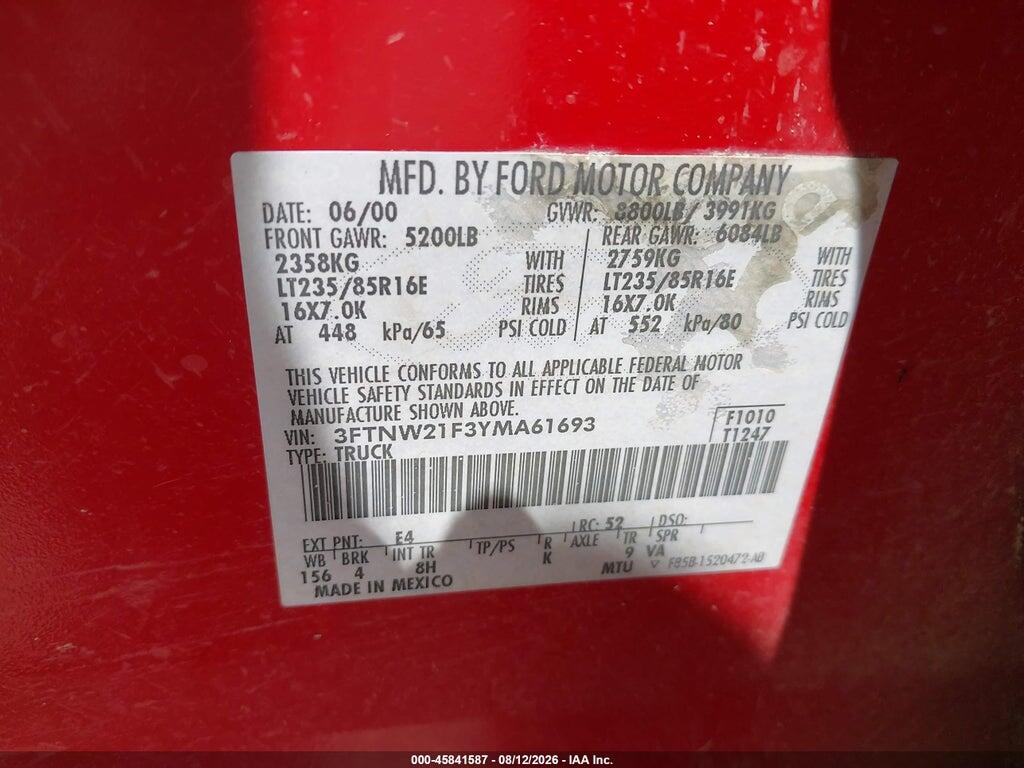 3FTNW21F3YMA61693 2000 FORD F-250 photo no. 9