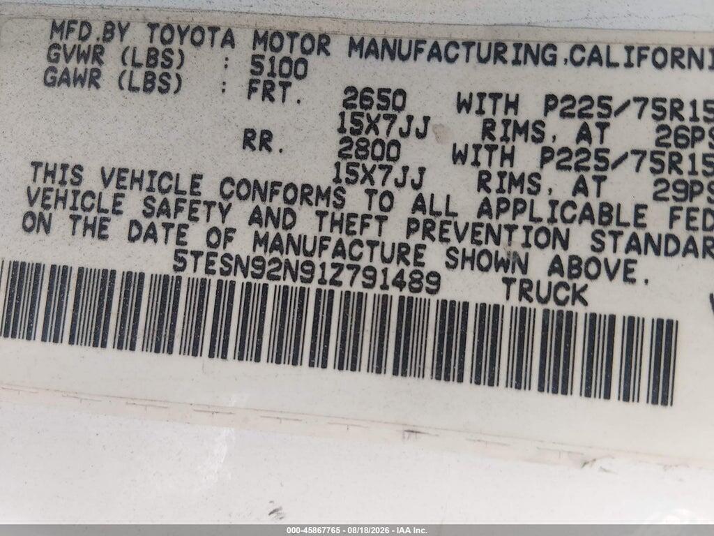 5TESN92N91Z791489 2001 TOYOTA TACOMA photo no. 9
