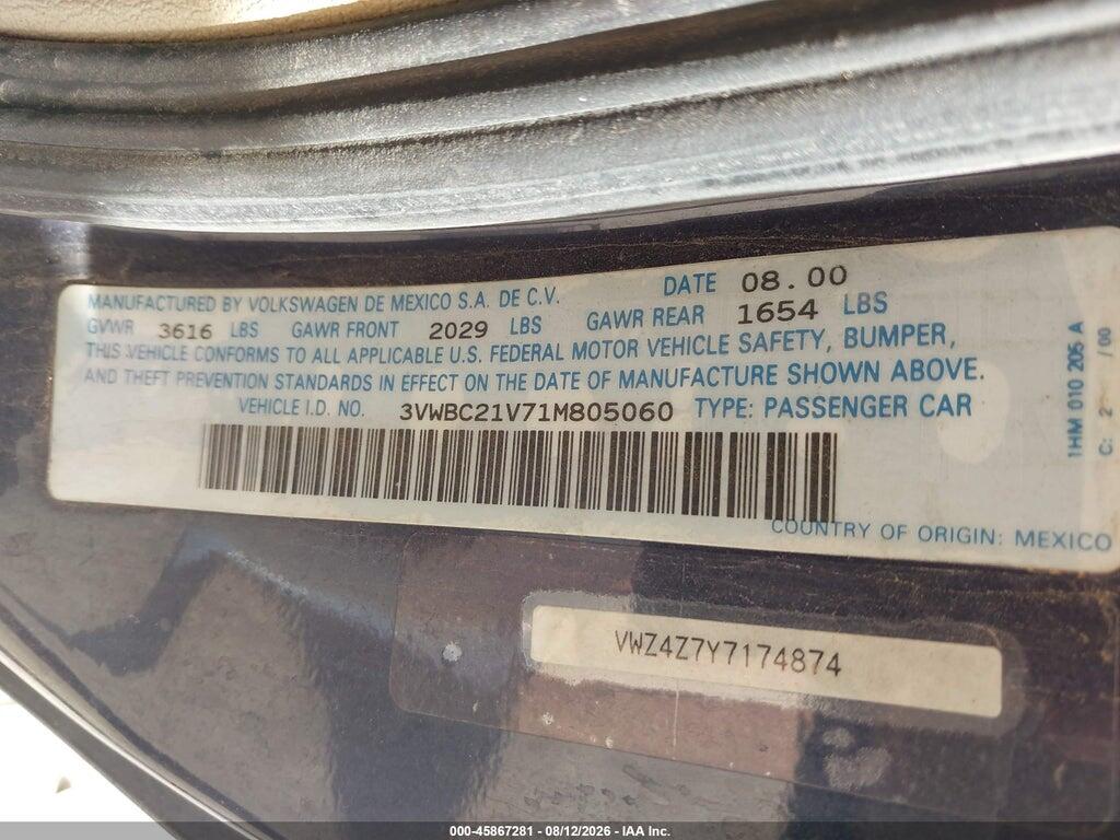 3VWBC21V71M805060 2001 VOLKSWAGEN CABRIO photo no. 9