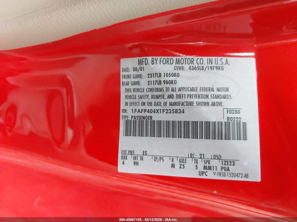 1FAFP404X1F235834 2001 FORD MUSTANG photo no. 9