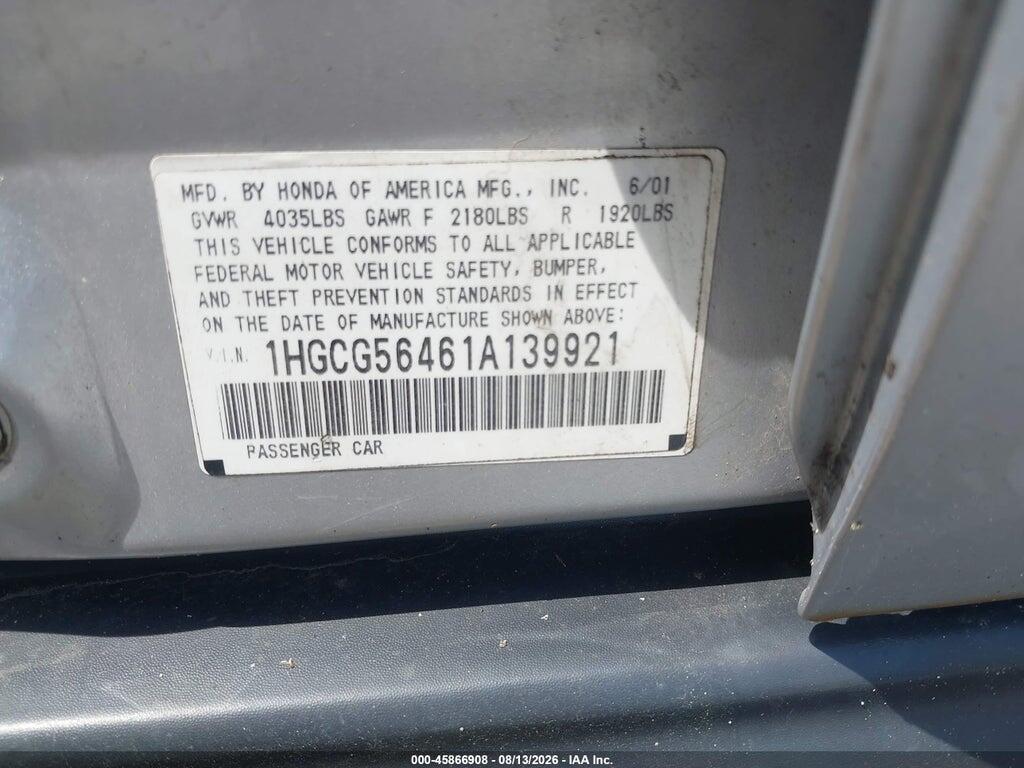 1HGCG56461A139921 2001 HONDA ACCORD photo no. 9