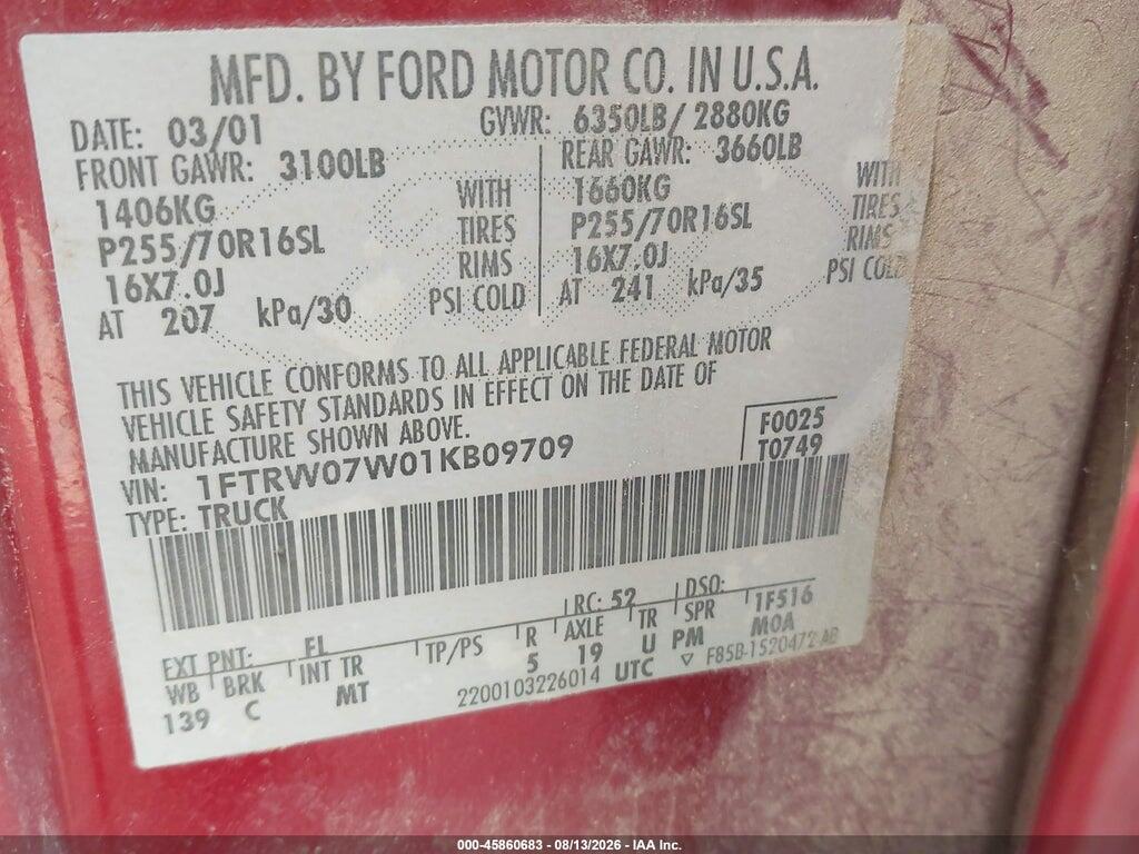 1FTRW07W01KB09709 2001 FORD F-150 photo no. 9