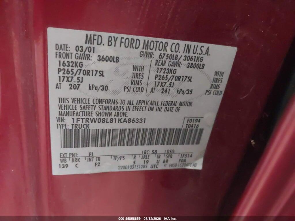 1FTRW08L81KA86331 2001 FORD F-150 photo no. 9
