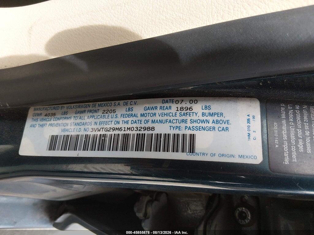 3VWTG29M61M032988 2001 VOLKSWAGEN JETTA photo no. 9