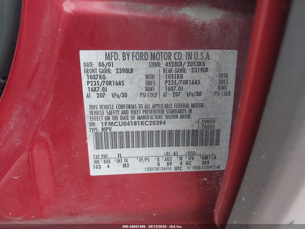 1FMCU04181KC20394 2001 FORD ESCAPE photo no. 9