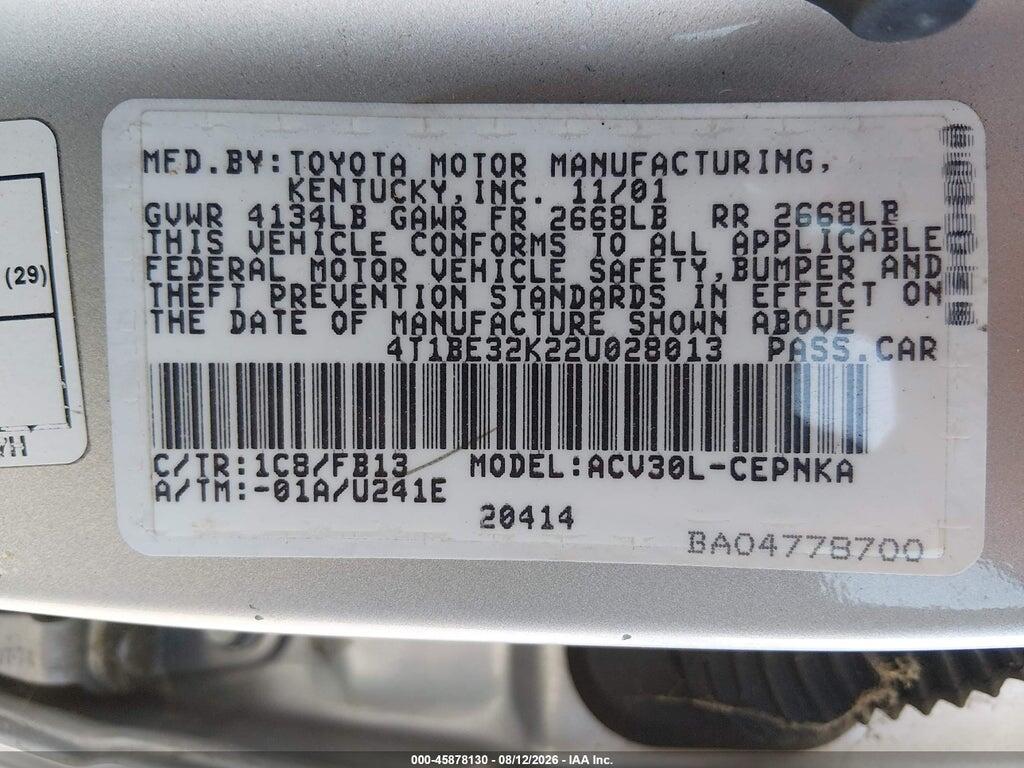 4T1BE32K22U028013 2002 TOYOTA CAMRY photo no. 9