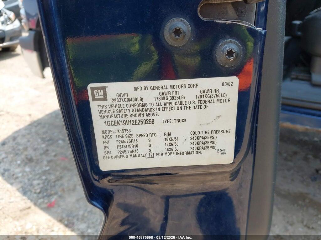 1GCEK19V12E250258 2002 CHEVROLET SILVERADO 1500 photo no. 9