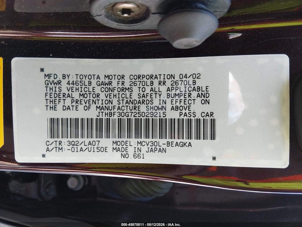 JTHBF30G725029215 2002 LEXUS ES 300 photo no. 9