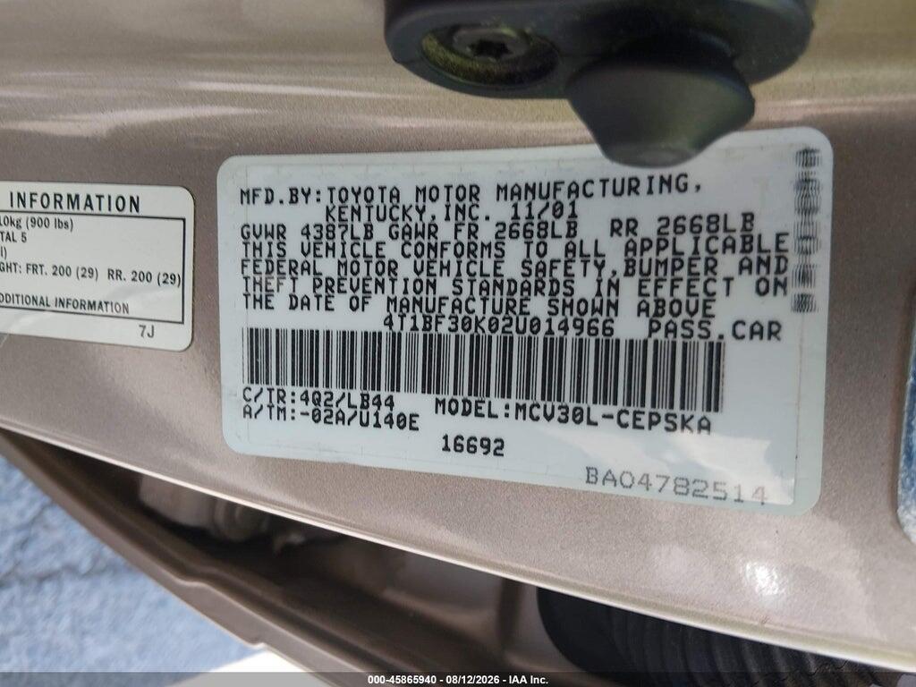 4T1BF30K02U014966 2002 TOYOTA CAMRY photo no. 9