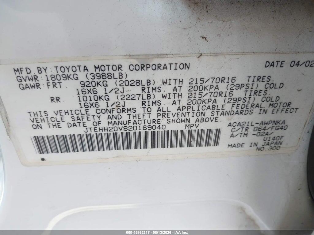 JTEHH20V820169040 2002 TOYOTA RAV4 photo no. 9