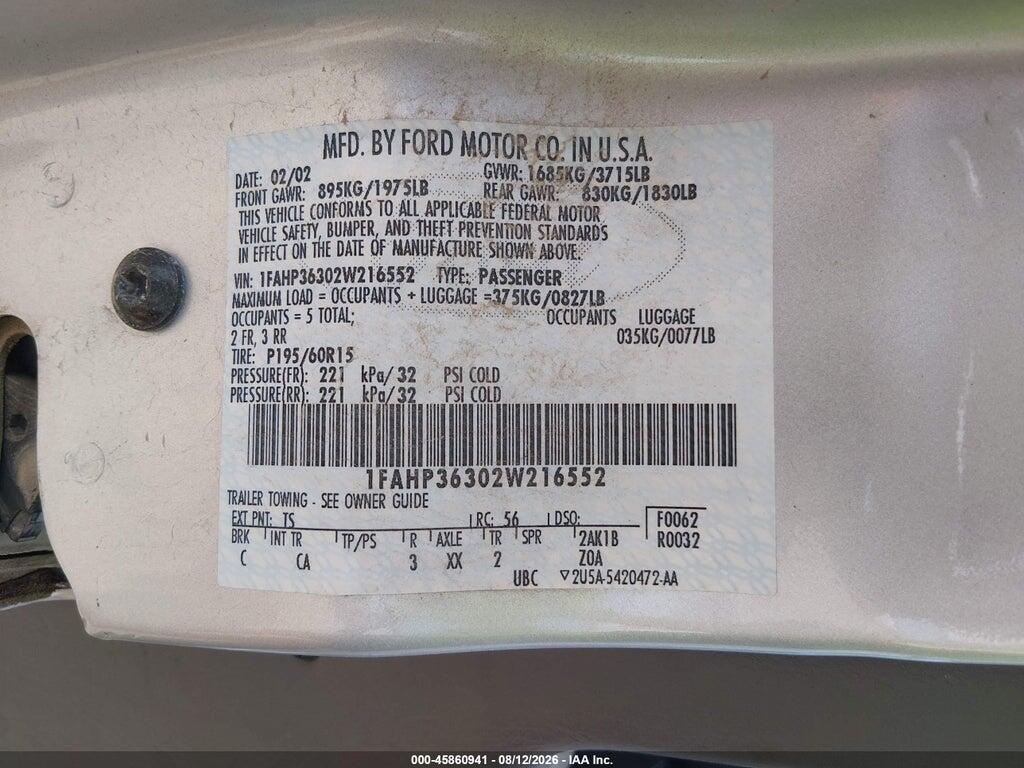 1FAHP36302W216552 2002 FORD FOCUS photo no. 9