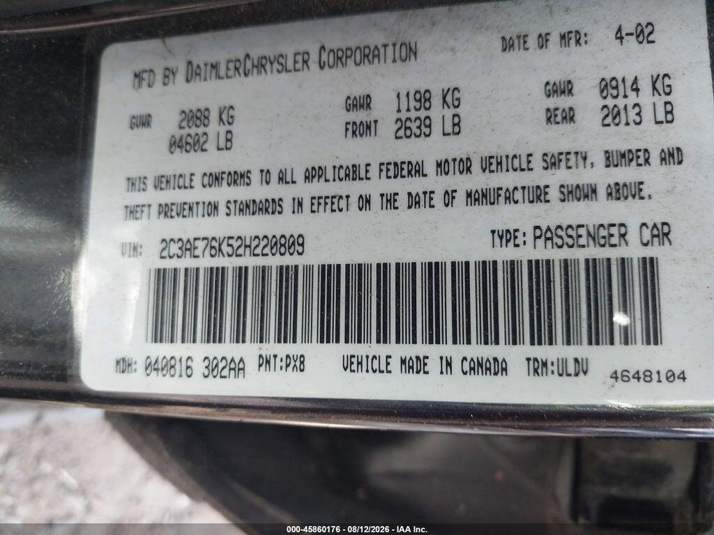 2C3AE76K52H220809 2002 CHRYSLER 300M photo no. 9