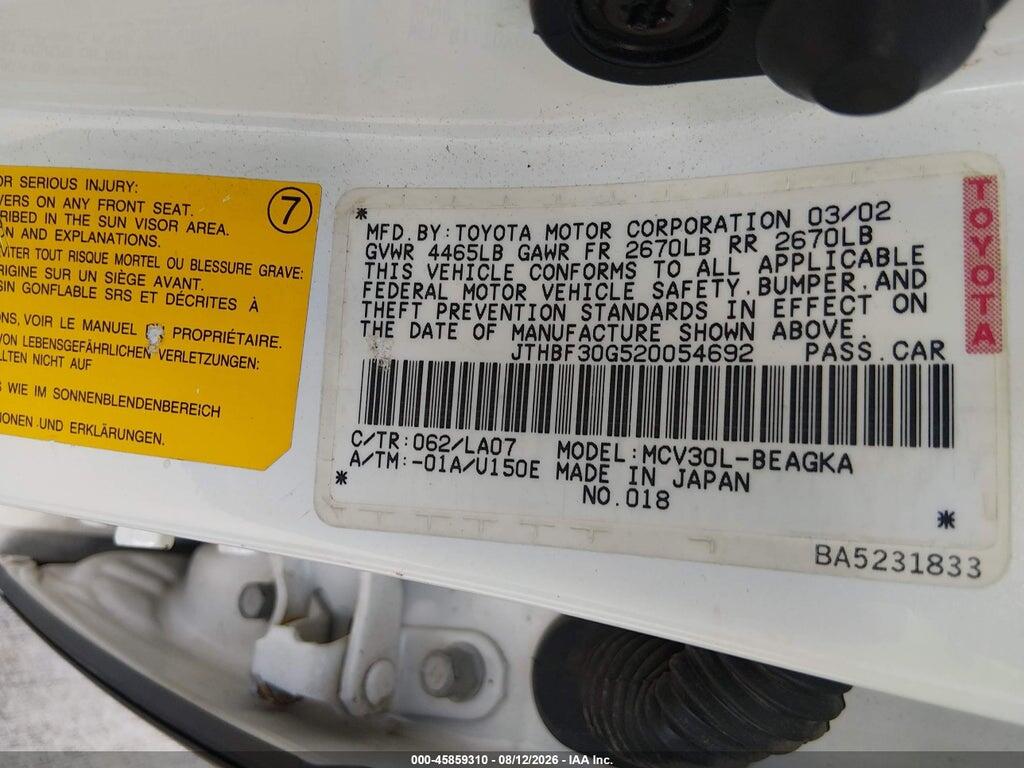 JTHBF30G520054692 2002 LEXUS ES 300 photo no. 9