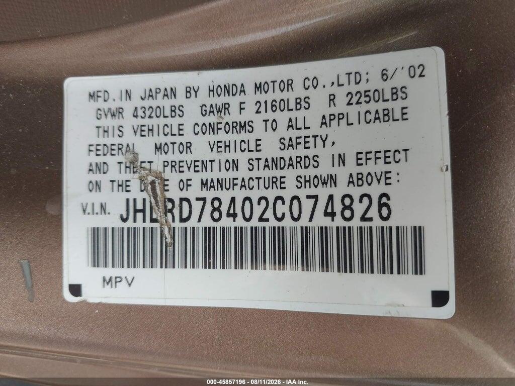JHLRD78402C074826 2002 HONDA CR-V photo no. 9