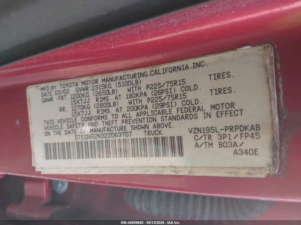 5TEGN92N32Z063707 2002 TOYOTA TACOMA photo no. 9
