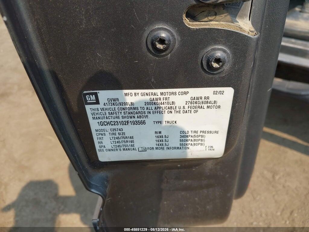 1GCHC23102F193566 2002 CHEVROLET SILVERADO 2500HD photo no. 9
