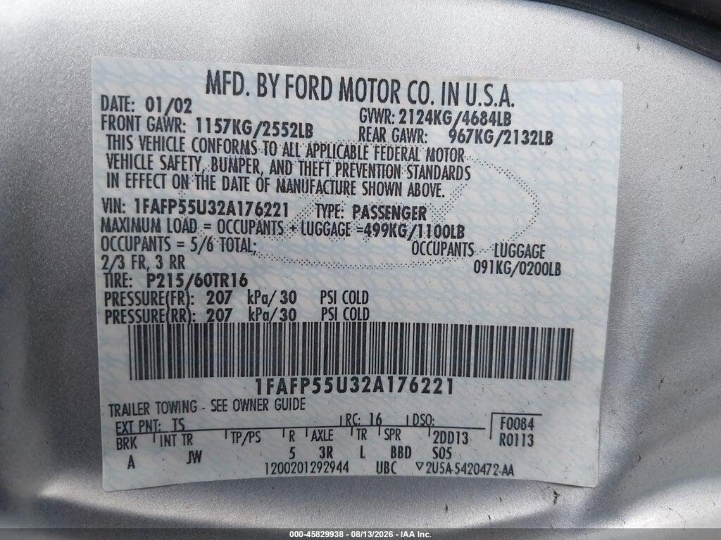 1FAFP55U32A176221 2002 FORD TAURUS photo no. 9