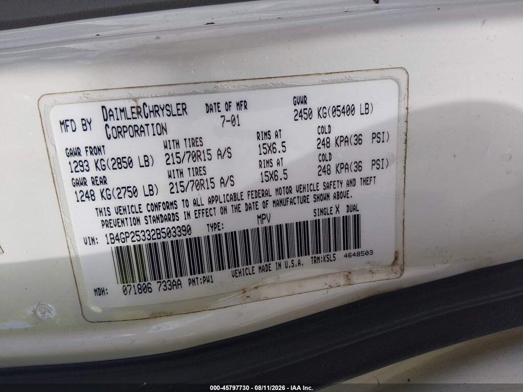 1B4GP25332B503390 2002 DODGE CARAVAN photo no. 9