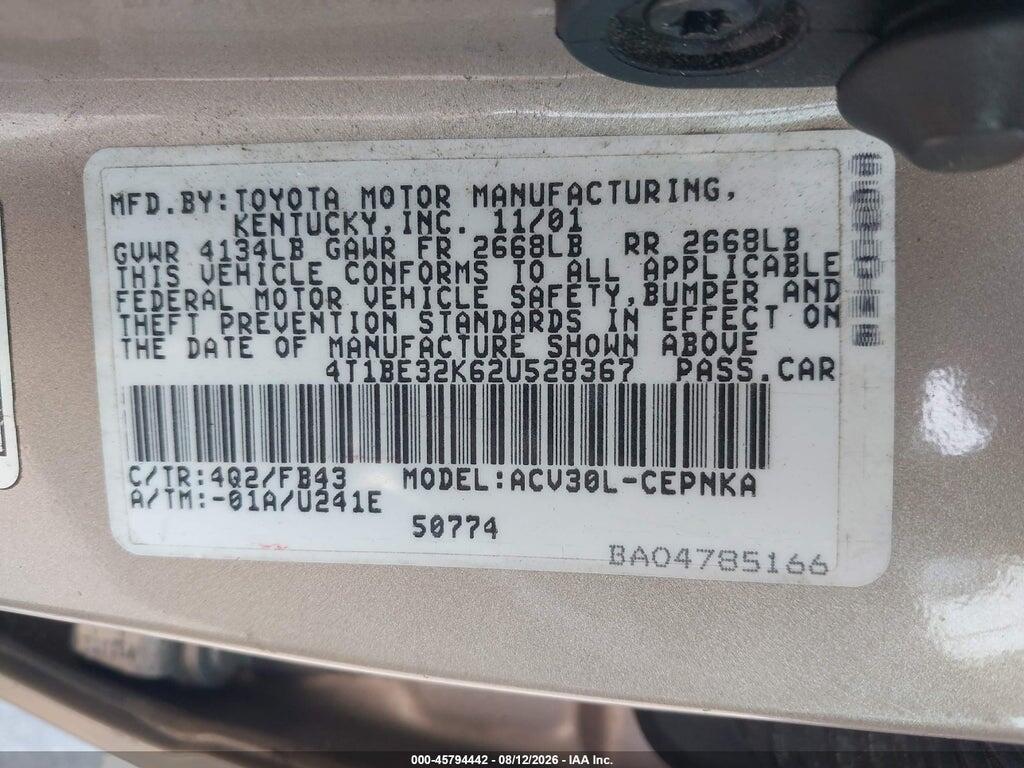 4T1BE32K62U528367 2002 TOYOTA CAMRY photo no. 9