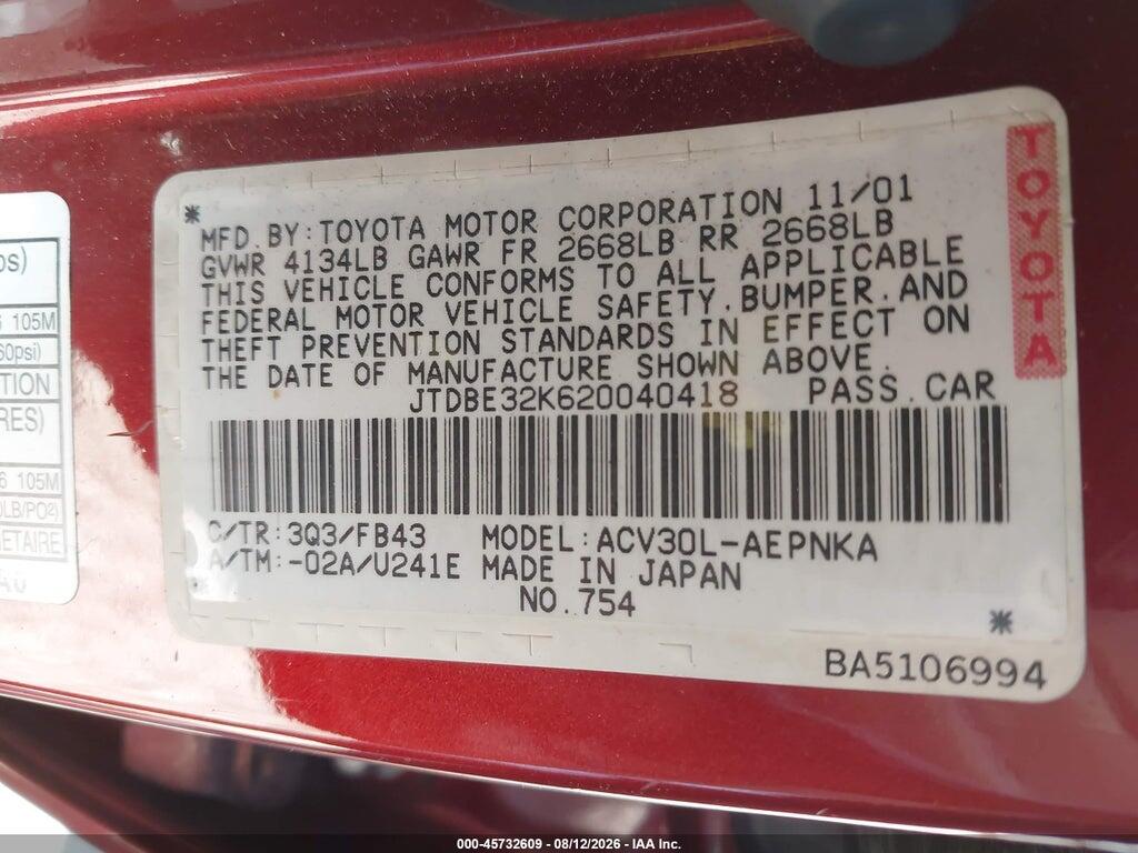 JTDBE32K620040418 2002 TOYOTA CAMRY photo no. 9